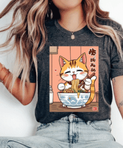 Cat eating Ramen Kawaii Neko Japanese Noodles Anime Lovers T-Shirt, Cute Cat Noodle Tee,