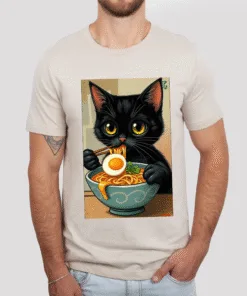 Cute Black Cat Ramen Unisex Tee, Cat Lover Funny Apparel, Cotton T-Shirt for Pet Owners, Anime Style Shirt