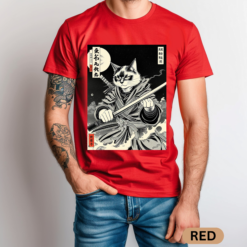 Vintage Japanese Art Anime T-Shirt, Vintage Cat Samurai T-Shirt, Fun Graphic Tee for Cat Lovers