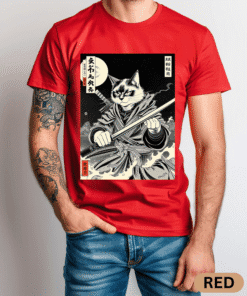 Vintage Japanese Art Anime T-Shirt, Vintage Cat Samurai T-Shirt, Fun Graphic Tee for Cat Lovers