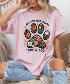 Alternative view of All You Need Is Love and a Dog T-Shirt | Heavy Cotton Tee for Dog Lovers | Pet Gift | Casual Wear | Cute Animal Lover Shirt