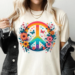 Peaceful Blooms Unisex Heavy Cotton Tee, Colorful Flower Peace Symbol Shirt, Eco-Friendly Graphic Tee, Festival Wear, Gift for Flower Lovers