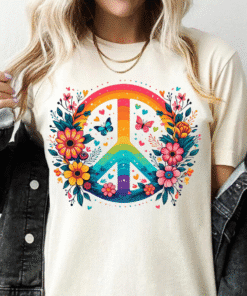 Peaceful Blooms Unisex Heavy Cotton Tee, Colorful Flower Peace Symbol Shirt, Eco-Friendly Graphic Tee, Festival Wear, Gift for Flower Lovers