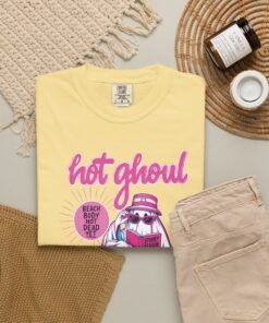 Alternative view of Comfort Colors© Hot Ghoul Summer Shirt, Spooky Halloween T-shirt, Summerween Girl Tee, Funny GhostHot Ghoul Summer T-shirt | Retro Vampire Beach Illustration