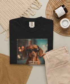 Alternative view of Cool Sunglasses Dachshund Drinking Milkshake T-Shirt, Cute Dog Photo Tee, Dachshund Shirt with Iced Coffee Design, Dog Lover Gift Tee