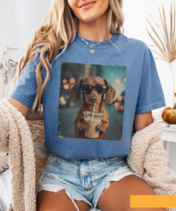 Cool Sunglasses Dachshund Drinking Milkshake T-Shirt, Cute Dog Photo Tee, Dachshund Shirt with Iced Coffee Design, Dog Lover Gift Tee