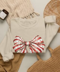 Alternative view of Red White Polka Dot Ribbon Bow Sweatshirt | Holiday Bow Crewneck Sweatshirt,Christmas Bow Sweatshirt | Retro Holiday Ribbon Tee | Cute Red Plaid Bow Christmas T-Shirt