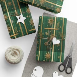Green & Gold Snowflake Wrapping Paper Roll — Festive Christmas Gift Wrap