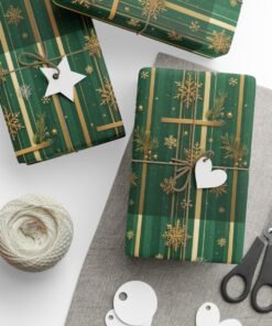 Green & Gold Snowflake Wrapping Paper Roll — Festive Christmas Gift Wrap