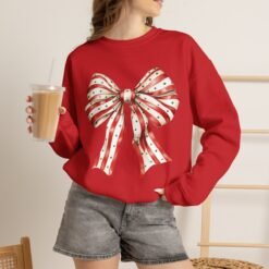 Red White Polka Dot Ribbon Bow Sweatshirt | Holiday Bow Crewneck Sweatshirt,Christmas Bow Sweatshirt | Retro Holiday Ribbon Tee | Cute Red Plaid Bow Christmas T-Shirt