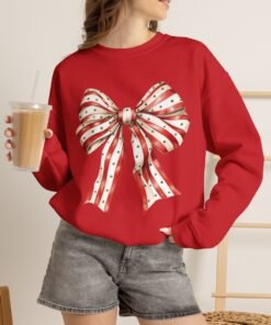 Red White Polka Dot Ribbon Bow Sweatshirt | Holiday Bow Crewneck Sweatshirt,Christmas Bow Sweatshirt | Retro Holiday Ribbon Tee | Cute Red Plaid Bow Christmas T-Shirt
