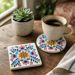 Mexican Floral Ceramic Coasters, Mediterranean Tile Art, Floral Folk Art Ceramic Coaster — Colorful Scandinavian Flower Cork Back