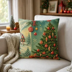 Vintage Christmas Tree Pillowcase — Retro Holiday Throw Pillow Cover