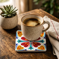 Mediterranean Tile Ceramic Coaster — Colorful Boho Floral Cork-Back Drink Coaster