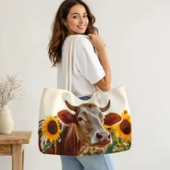 Cow & Sunflowers Weekender Bag – Rustic Farmhouse Travel Tote