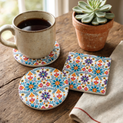 Colorful Floral Ceramic Coaster — Mexican Talavera-Inspired Drink Coaster