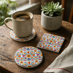 Colorful Folk Floral Ceramic Coaster — Vibrant Boho Drink Coaster