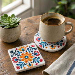 Floral Folk Art Ceramic Coaster – Colorful Boho Drink Mat