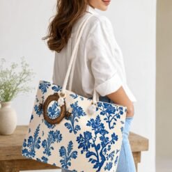 Blue Floral Damask Weekender Bag with Vintage Gold Mirror Accent