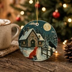 Vintage Fox & Crow Ceramic Ornament — Moonlit Snowy Cottage Christmas Decoration