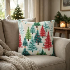 Watercolor Christmas Trees Pillowcase - Festive Holiday Throw Pillow Cover