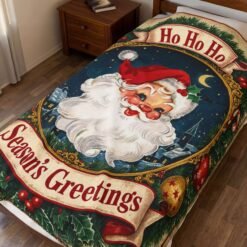 Vintage Santa “Ho Ho Ho” Season’s Greetings Velveteen Plush Blanket