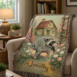 Jimothy Whimsical Toad Cottage Woven Blanket | Mushroom Garden Tapestry Throw